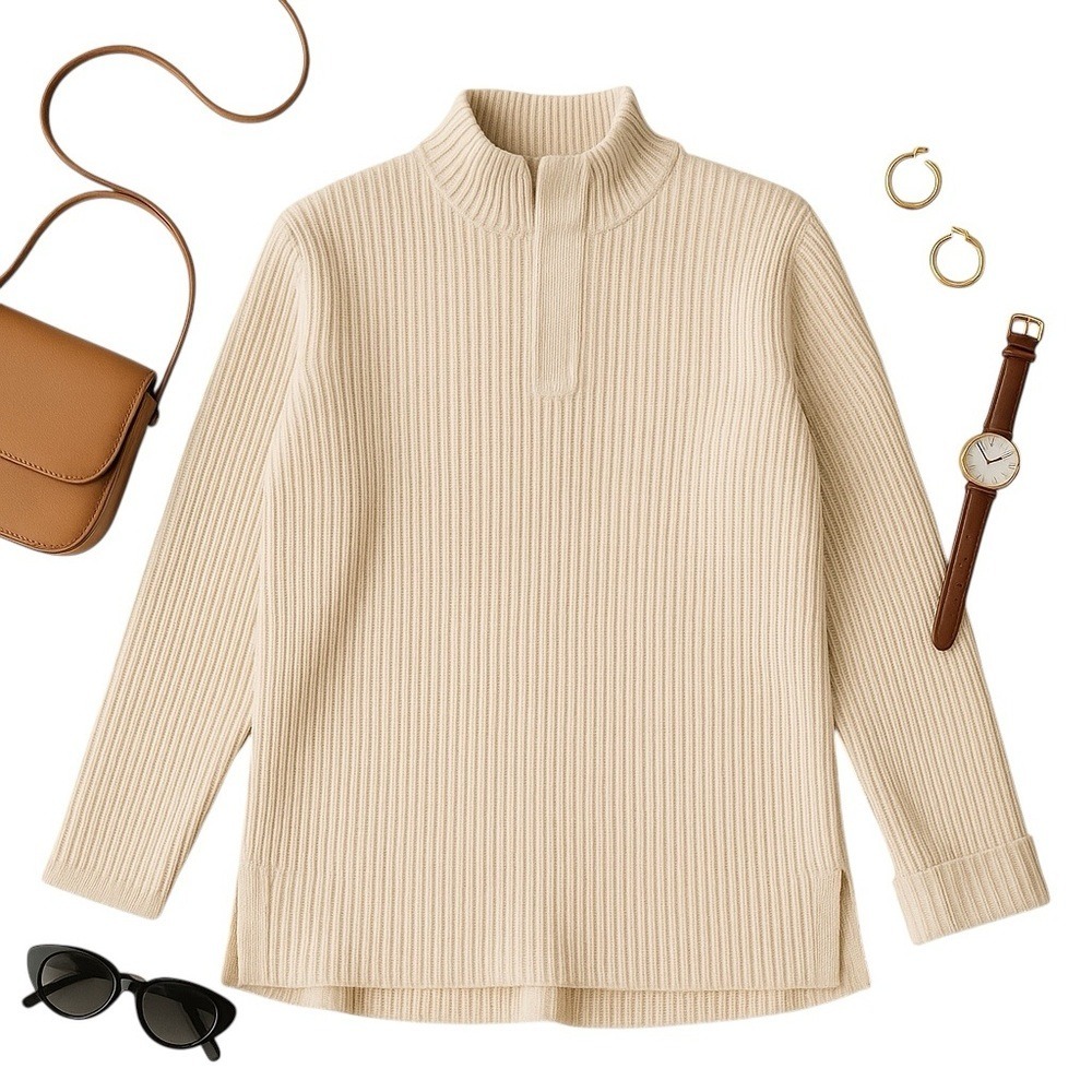 INC International Concepts Ribbed Cotton Snap Mock Neck Sweater Oatmeal Large - Picture 4 of 16